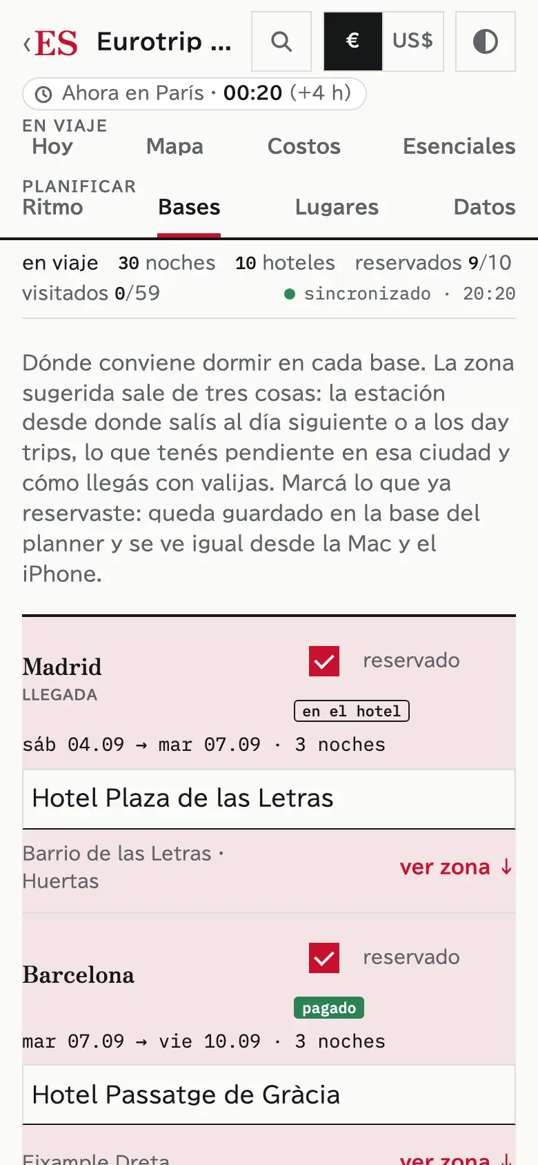 Captura de las bases del viaje: cada hotel con sus noches y el estado de la reserva.