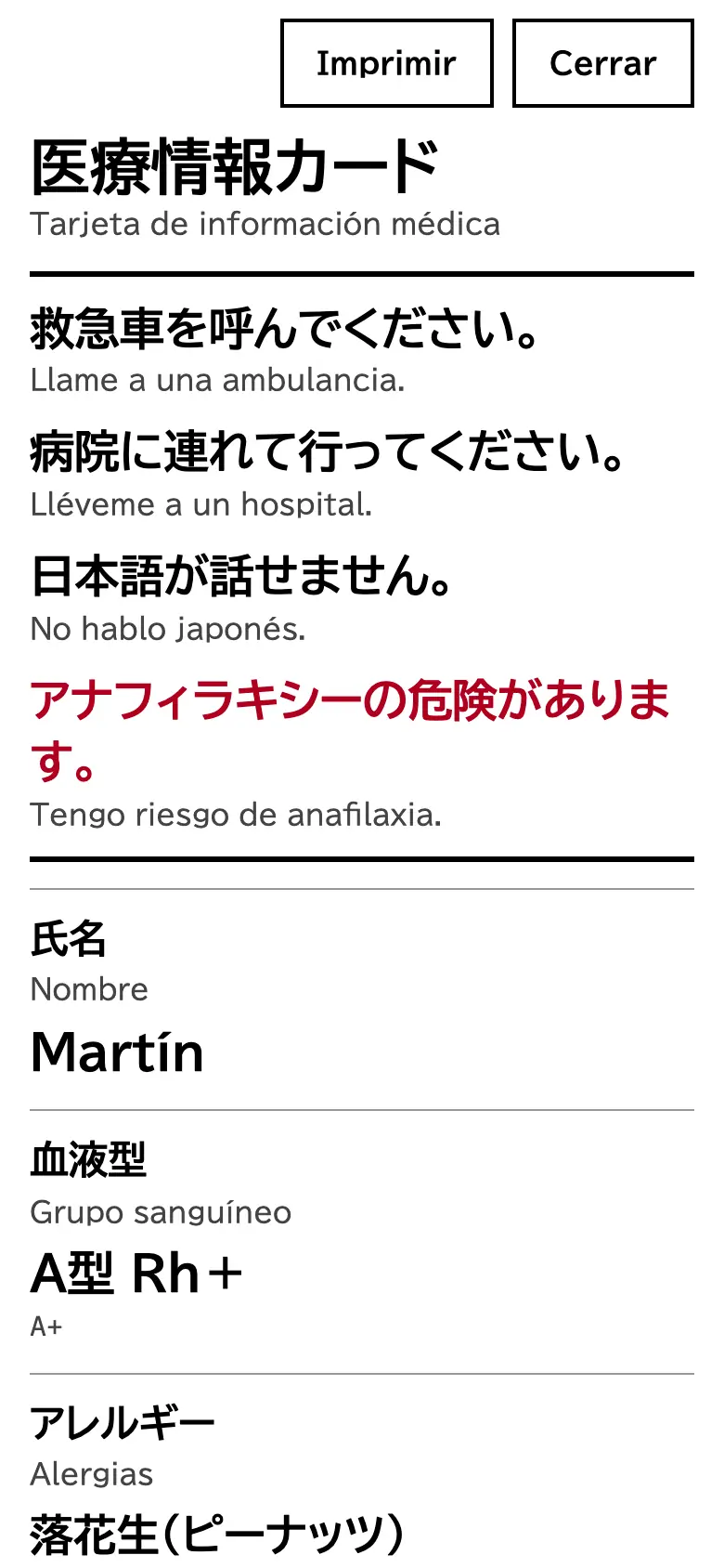 Captura de una ficha médica de ejemplo en japonés, con las frases para pedir una ambulancia, el nombre y el grupo sanguíneo.