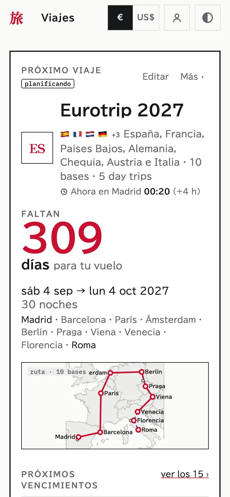Captura de la app en un teléfono: la portada de un viaje de demostración por Europa, con la cuenta regresiva, las ciudades y el mapa de la ruta.