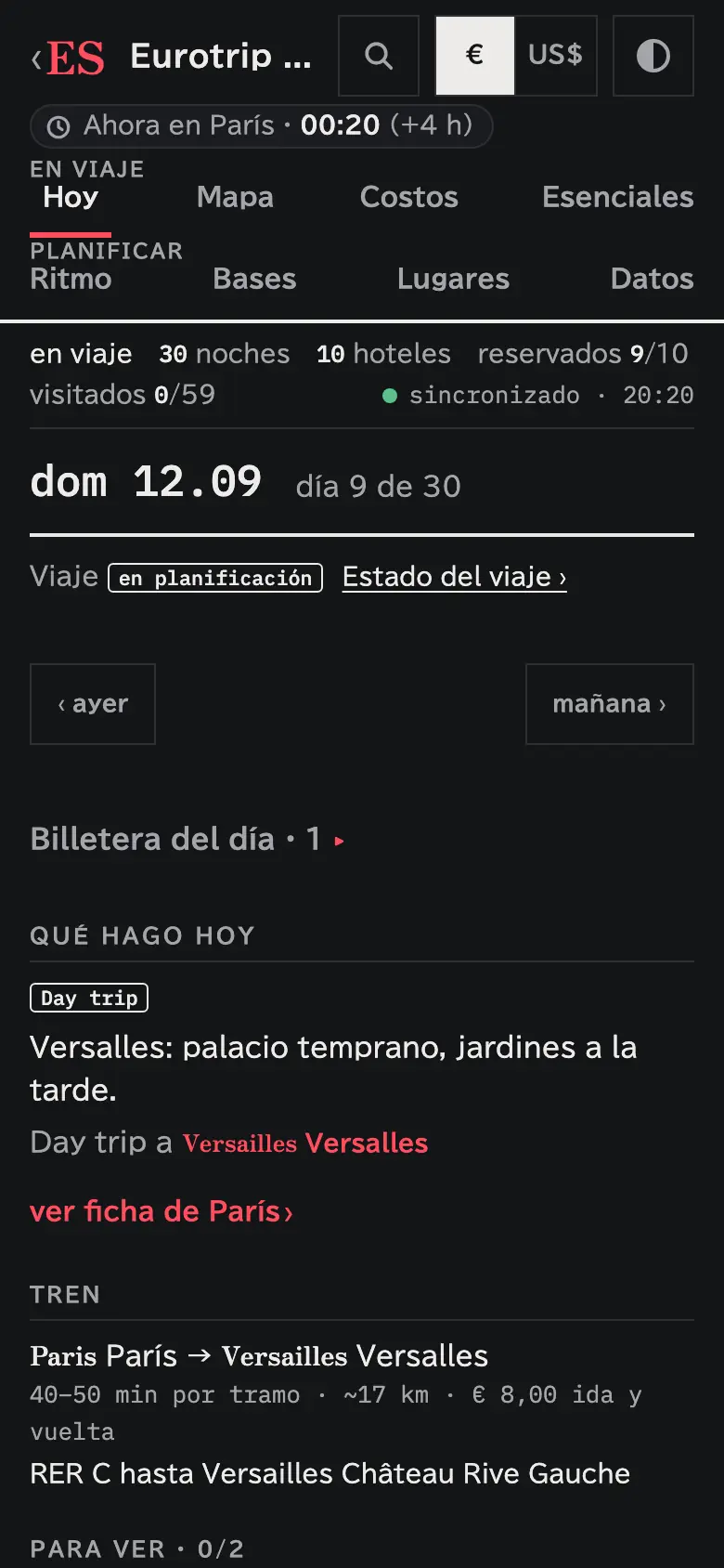 Captura de la vista Hoy: el plan del día de un viaje de demostración, con la excursión del día y el tren.