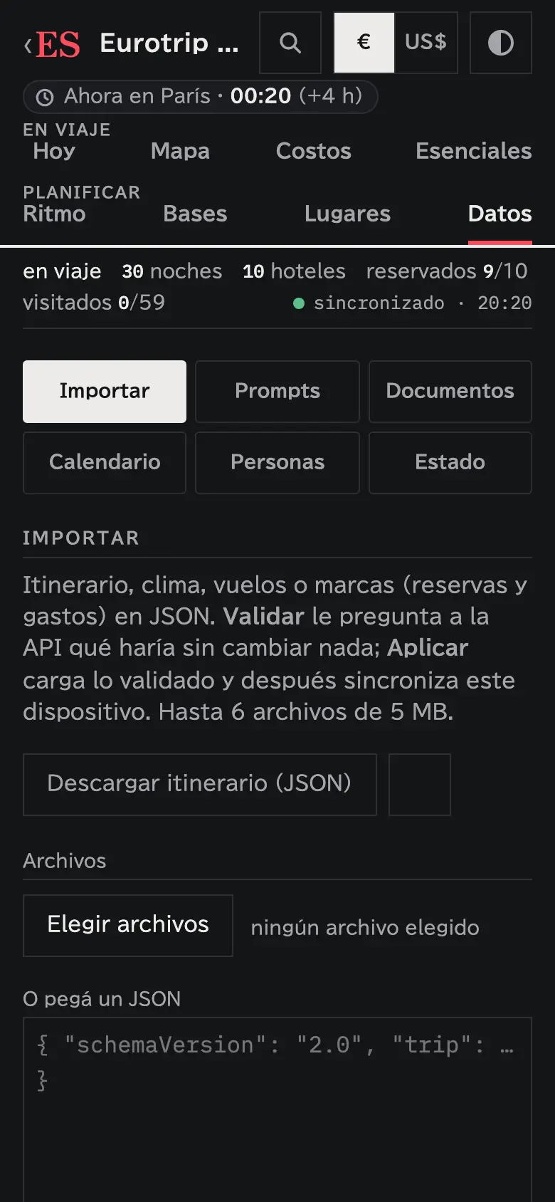 Captura de la pantalla Importar: se elige el archivo JSON del itinerario y se valida antes de aplicarlo.